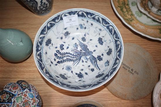 Two Persian Chinese enamel bowls and saucer, a blue and white vase, another plate and a dish